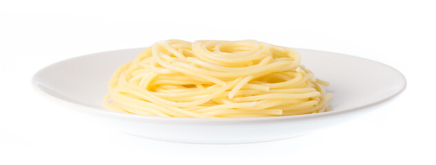 Spaghetti pasta in a dish isolated on white background - 438905015