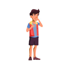 thoughtful asian young guy choosing computer in technics store cartoon vector. thoughtful asian young guy choosing computer in technics store character. isolated flat cartoon illustration