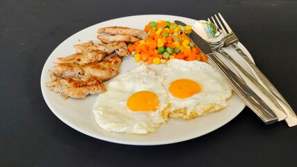 fried eggs with chicken and vegetables.
