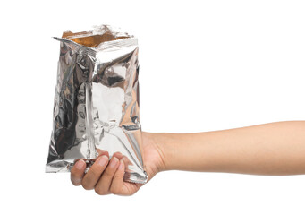 hand holding plastic bag snack packaging isolated on white background