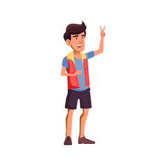 japanese young boy gesturing peace to friend on town street cartoon vector. japanese young boy gesturing peace to friend on town street character. isolated flat cartoon illustration