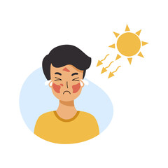 Sad boy got  sunburn on his face. Skin damage.