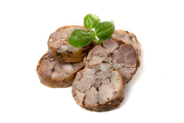 Smoked homemade breakfast sausages decorated with tomato and basil leaf, isolated on a white background.