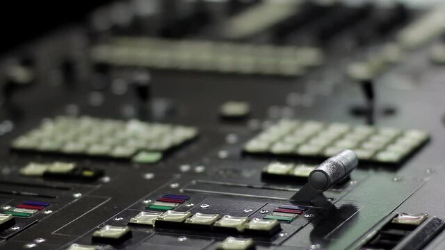 Video Switcher Control Panel at TV Broadcasting Studio. Close Up. Zoom In. 4K Resolution.
