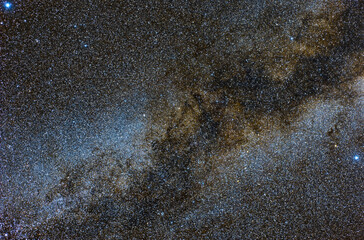 Star field with the Milky Way with part of the constellation of Lyra and Cygnus. A lot of visible coal with many beautiful and bright stars, Vega, Albireo and Caph