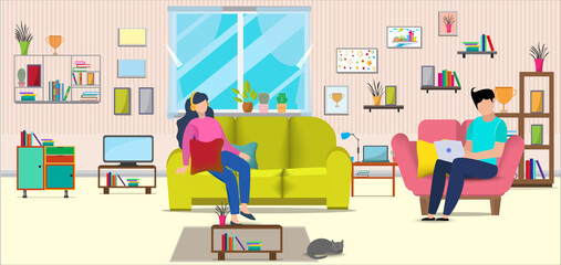 Flat design vector of man and woman doing work at the laptop computer in home.They are sitting on sofa behind computer with picture.work from home,Freelance,Vector Graphic and workplace concept.