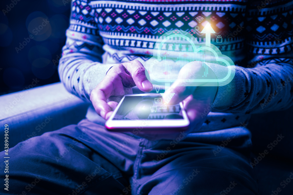 Poster cloud security, data protection and privacy verification technology. man using smartphone with cloud