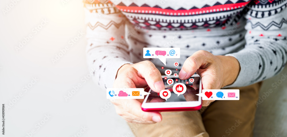 Poster asian man using social media on smartphone. panoramic banner of computing network technology