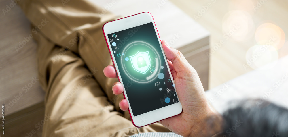 Aufkleber privacy technology to protect and save data on cyberspace network while people using smartphone and 