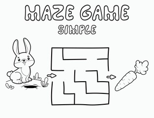 Simple Maze puzzle game for children. Outline simple maze or labyrinth game with rabbit.