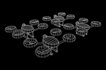 Drone flying with action video camera. Wireframe low poly mesh vector illustration
