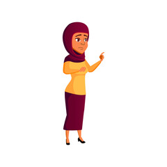islamic young girl choosing answer on digital screen cartoon vector. islamic young girl choosing answer on digital screen character. isolated flat cartoon illustration