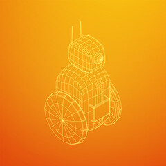 Robot Promoter LCD Screen on two wheels. Ad promo bot. Wireframe low poly mesh vector illustration