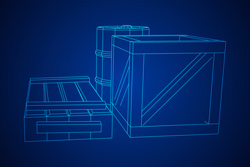 Supplies cargo concept. Pile boxes and barrels. Wireframe low poly mesh vector illustration.