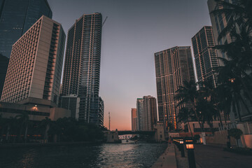city skyline at night sunset bridge brickell Miami Florida river boat sea horizon summer colors 
