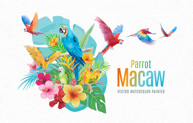 Beautiful Bird parrot Macaw and flower of leaf hand paint watercolor on paper texture white background