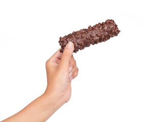 hand holding Chocolate Cereal Bar isolated on white background