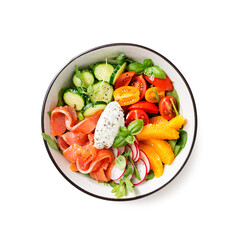 Salmon bowl with spinach,arugula, cherry tomatoes, cucumber, orange slices, radish and cream cheese. Isolated on white background