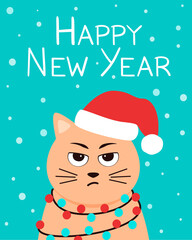 New Year card with a cat. Angry cat in flat style. Vector poster illustration. Happy new year lettering
