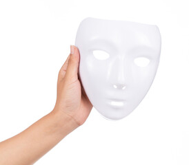 hand holding white plastic masks isolated on white background