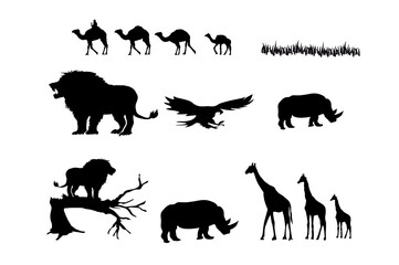 Naklejka premium African animals silhouettes set. Giraffe, elephant, rhinoceros, camel, lion,bird. Vector illustration.