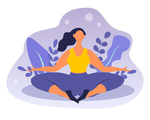 vector hand drawn illustration of a girl meditating in the lotus position. relaxation, yoga and rest. trending flat illustration for websites, magazines and apps - obrazy, fototapety, plakaty