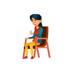 pretty asian girl sitting in armchair with phone in living room cartoon vector. pretty asian girl sitting in armchair with phone in living room character. isolated flat cartoon illustration