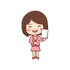 female teacher character carrying a piece of paper on a white background