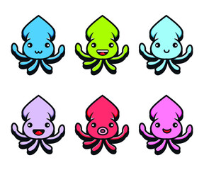 Funny squid emoji in background poster Collection, cartoon characters in kids concept, isolated flat colorful vector illustration