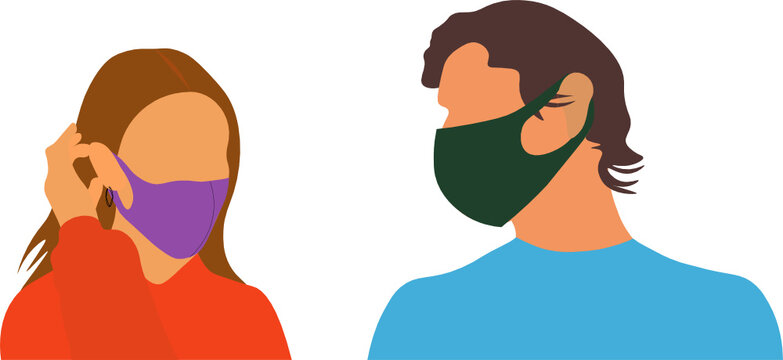 Pareja. Mujer y hombre hablando con el barbijo. Nueva Normalidad, fondos transparentes