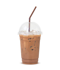 Mocha coffee in plastic cup and ready to drink straws isolated on white background. Brown mocha...