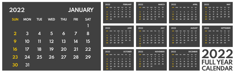 2022 full year office calendar template, week starts sunday, dark background