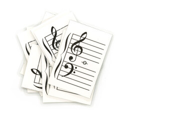 Isolated set of music note flashcards, flashcards for beginners to study music notes on white...