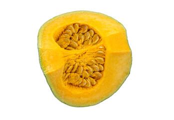 Top view cut-half Japanese pumpkin with seeds, isolated image on white background.