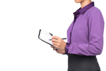 portrait of young secretary taking notes in diary isolated on white background