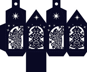 Christmas decorative lantern with angels and Christmas trees. Stencil for cutting and New Year's decor
