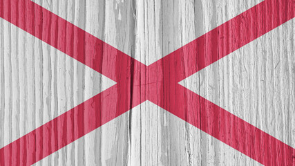 Alabama state flag on dry wooden surface. Background, wallpaper or backdrop made of old wood with...