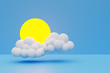 3d illustration of clouds and sun on a blue isolated background. Weather forecast icons, regular season clouds