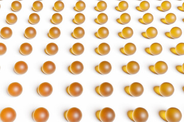 3d illustration of rows of  yellow  round, under a lights .  Shape pattern. Technology geometry  background. Tablets in even rows