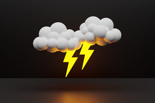 3d illustration of clouds with lightning   on a black  isolated background. Weather forecast icons, regular season clouds