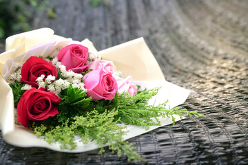 Bouquet of red and pink roses, Valentines or anniversary bouquet. Copy space.