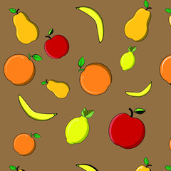 Vector  pattern with fruits lemon, oranges, apples, bananas and pears on a brown background. Seamless summer pattern background vector format