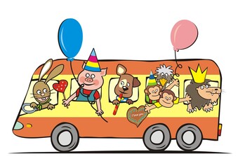 Obraz na płótnie Canvas Group of happy animals at orange bus, vector funny illustration