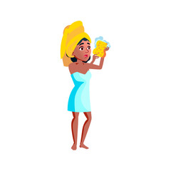 surprised african woman holding soapy body scrubber in bathroom cartoon vector. surprised african woman holding soapy body scrubber in bathroom character. isolated flat cartoon illustration