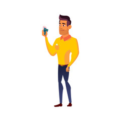 young man traveler showing passport and ticket in airport cartoon vector. young man traveler showing passport and ticket in airport character. isolated flat cartoon illustration