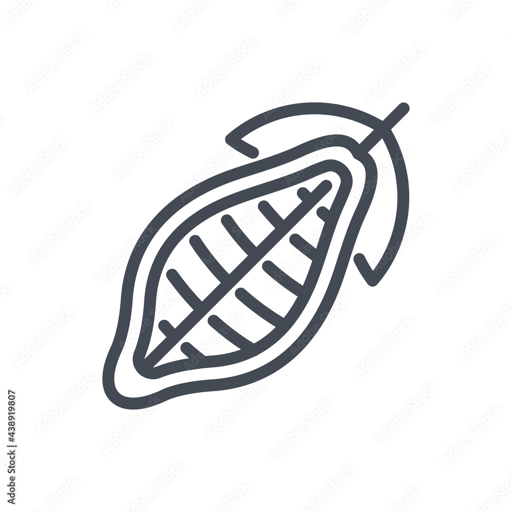 Poster cocoa fruit with leaves line icon. cocoa bean vector outline sign.