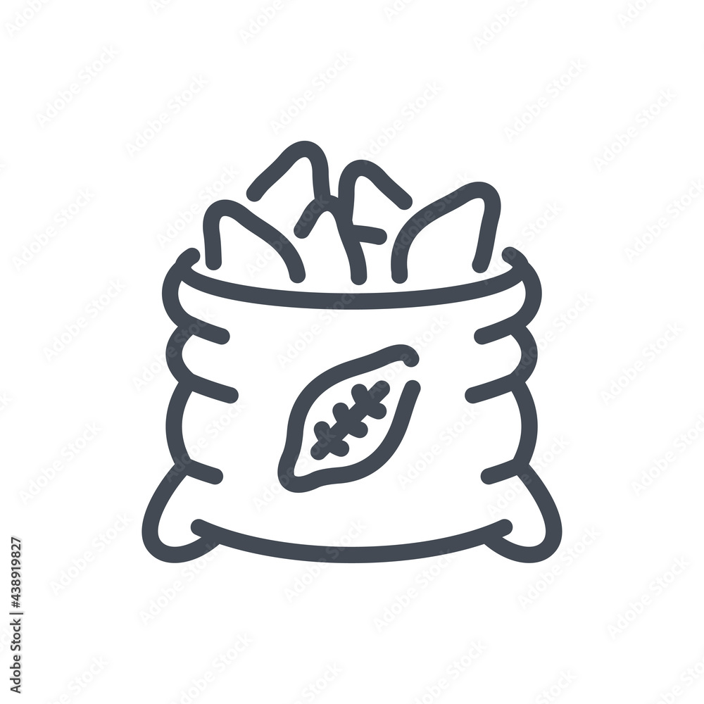 Poster bag full of cocoa fruit line icon. cocoa beans vector outline sign.
