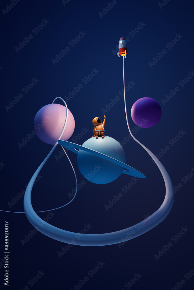 Sticker little 3d astronaut spaceman sitting on a planet and waving to his rocket in space. 3d rendering.