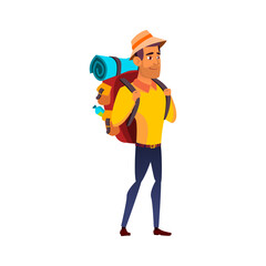 man hiker with rucksack walking on mountain cartoon vector. man hiker with rucksack walking on mountain character. isolated flat cartoon illustration