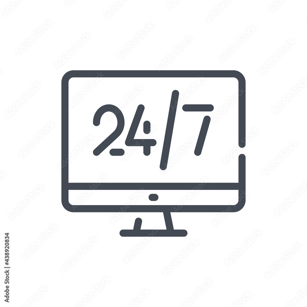 Poster computer with 24-7 on the display line icon. clock support and online help service vector outline si